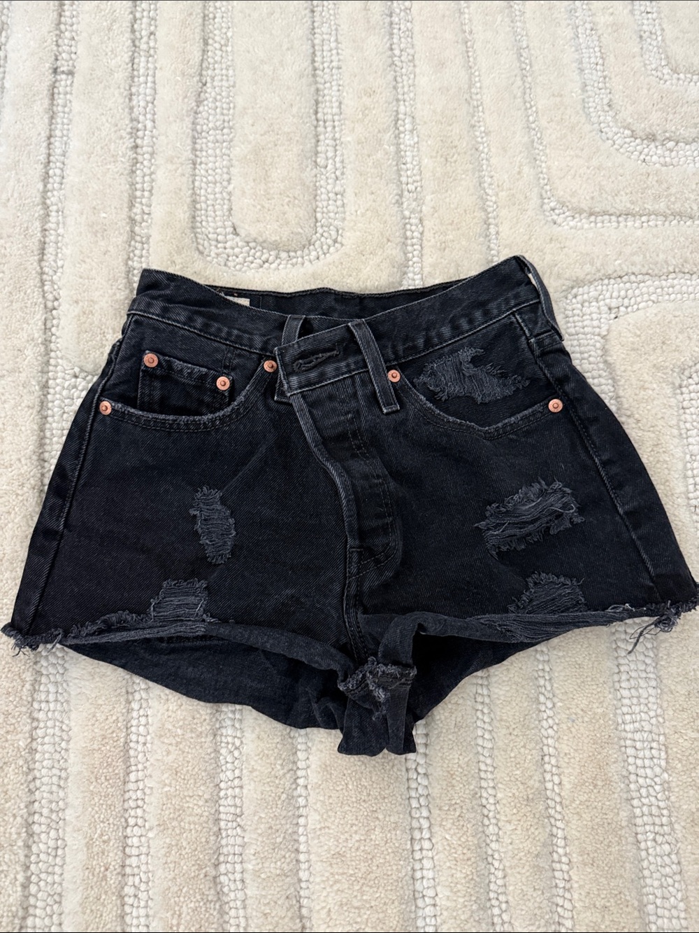 Levi’s 501 Black Distressed High-Waist Denim Shorts